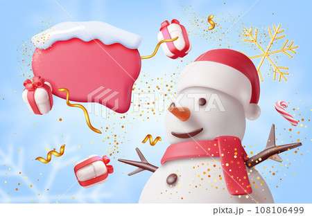 3D Christmas Banner with Snowman and Chat Bubble 108106499