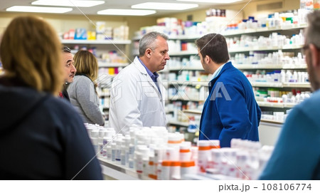 Pharmacist advises customers in the pharmacy 108106774
