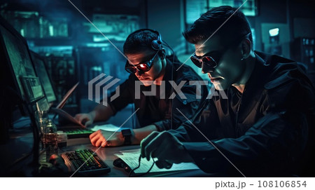 Military at computers in a dark room 108106854
