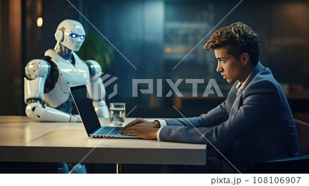 A man at a table communicates with a robot 108106907