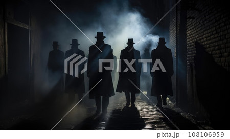 Several dark silhouettes of criminal people Several dark silhouettes of criminal people 108106959