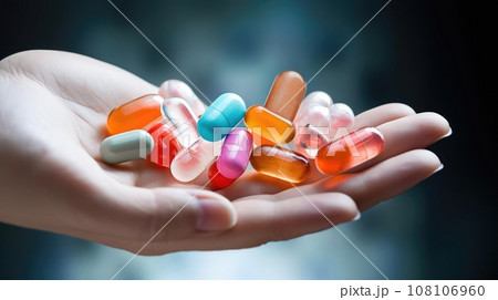A man's hand holds multi-colored pills 108106960