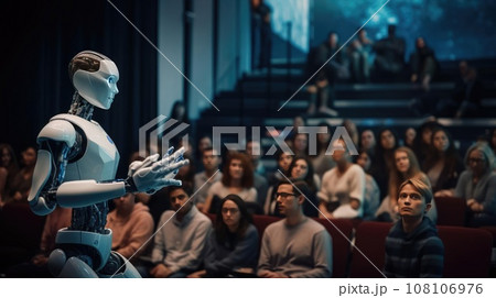 Presentation of a robot with AI at a conference in front of people 108106976