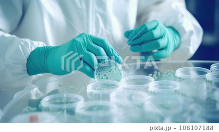 A medical worker in a gown and gloves carefully examines a Petri tablet with bacteria 108107188