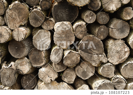 A neatly stacked pile of firewood background 108107223