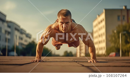 Man in the park doing sports, sunny day 108107264