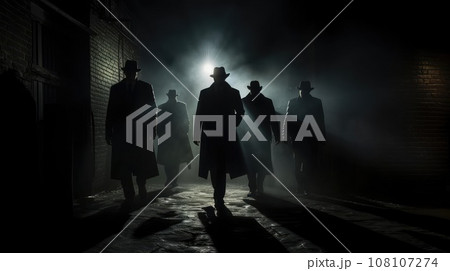 Several dark silhouettes of criminal people Several dark silhouettes of criminal people 108107274