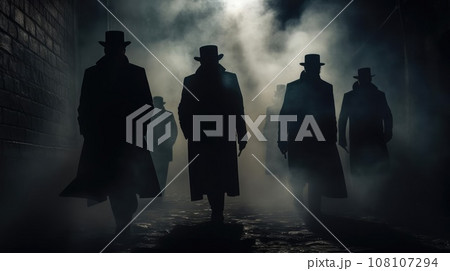 Several dark silhouettes of criminal people Several dark silhouettes of criminal people 108107294