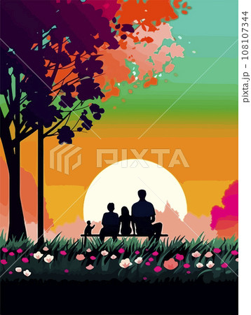 Happy family walking in park. Poster in retro style. Vector illustration 108107344