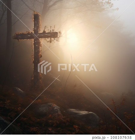 Enchanted Forest: Iron Wrought Cross Decorated with Crystals on Misty Hillside AI Generated 108107638