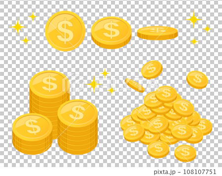 金色のドルコインのセットイラスト 金色のドルコインのセットイラスト 108107751
