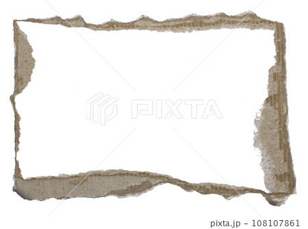 Torn pieces of corrugated paper used as label isolated on white background 108107861