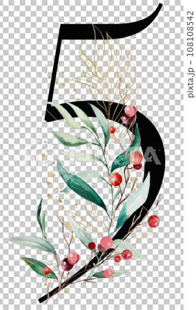 Black number 5 with watercolor twigs with green leaves and red berries, Christmas isolated Illustration 108108542