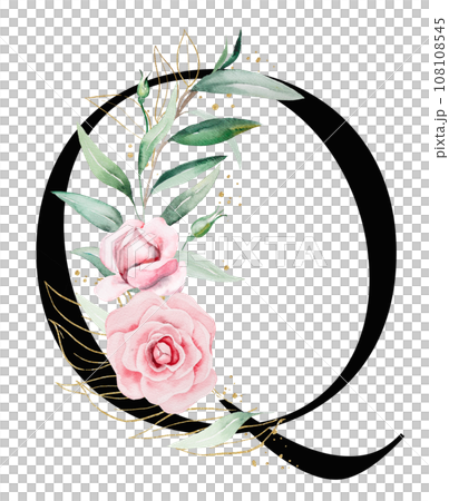 Black letter Q with pink watercolor flowers and green and golden leaves, isolated illustration Black letter Q with pink watercolor flowers and green and golden leaves, isolated illustration 108108545