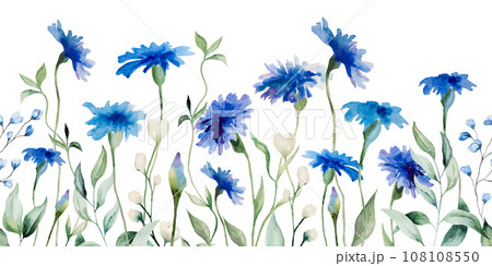 Seamless border made of watercolor wild flowers and cornflowers, summer wedding illustration Seamless border made of watercolor wild flowers and cornflowers, summer wedding illustration 108108550