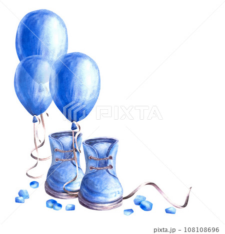Blue Air ballon with baby shoes, booties and blue peas. watercolor Baby Boy clipart. It is a boy, newborn, gender reveal or happy birthday party, hand drawn illustrations isolated on white background 108108696