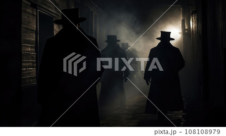 Several dark silhouettes of criminal people Several dark silhouettes of criminal people 108108979