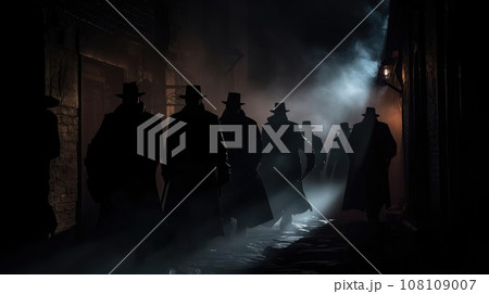 Several dark silhouettes of criminal people Several dark silhouettes of criminal people 108109007