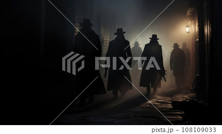 Several dark silhouettes of criminal people Several dark silhouettes of criminal people 108109033