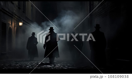 Several dark silhouettes of criminal people Several dark silhouettes of criminal people 108109038