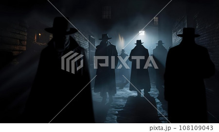 Several dark silhouettes of criminal people Several dark silhouettes of criminal people 108109043