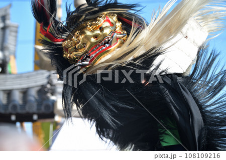 播州秋祭り 大塩天満宮 毛獅子の豪快な道中舞の写真素材 [108109216