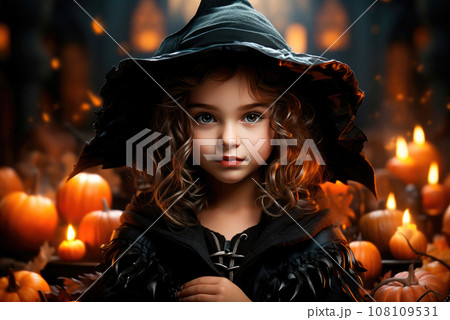 Child girl in a witch costume for Halloween among pumpkins in the background Child girl in a witch costume for Halloween among pumpkins in the background 108109531