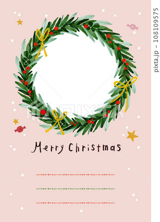 写真が入れられるクリスマスリースの縦型ポストカード ・たて型  写真立てカード ピンク 108109575