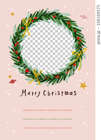 写真が入れられるクリスマスリースの縦型ポストカード ・たて型  写真立てカード ピンク 108109575