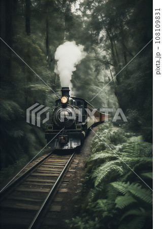 AI generative image of retro steam train chugging through the lush green woods 108109831
