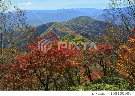 奥日光半月山登山道からの紅葉の木々に足尾山塊 奥日光半月山登山道からの紅葉の木々に足尾山塊 108109906
