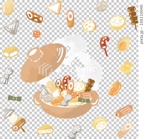 冬　おでん　鍋　煮物　水彩　手描き　アナログタッチ　イラスト素材セット 108110040
