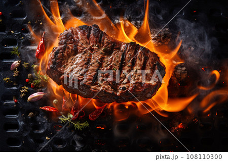 grilling steak on flaming generative ai 108110300