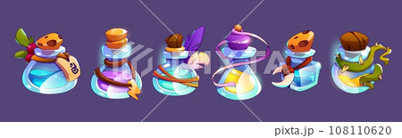Game assets of glass bottles with elixir or potion 108110620