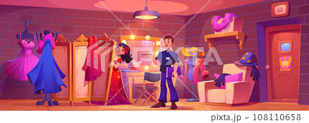 Light theater makeup room with mirror for dressing Light theater makeup room with mirror for dressing 108110658