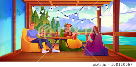 Friends on terrace near lake, forest and mountains Friends on terrace near lake, forest and mountains 108110667