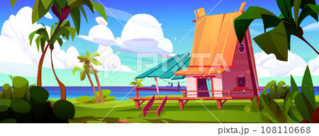 Hut with wooden terrace on sea or lake shore Hut with wooden terrace on sea or lake shore 108110668