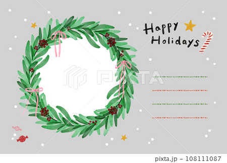 写真が入れられるクリスマスリースの横型ポストカード ・よこ型  写真立てカード 灰色 グレー 108111087