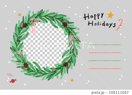 Horizontal Christmas wreath postcard that can contain photos - Horizontal photo frame card Gray Gray 108111087
