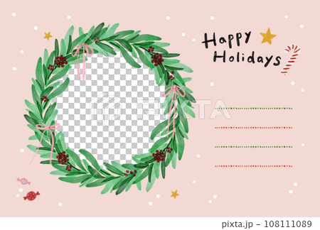 Horizontal Christmas wreath postcard that can contain photos - Horizontal photo frame card pink 108111089