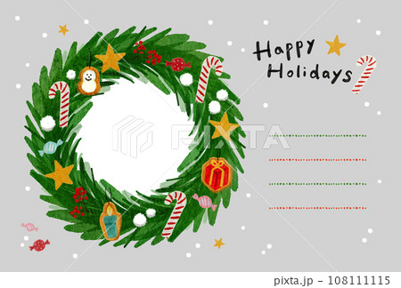 写真が入れられるクリスマスリースの横型ポストカード ・よこ型  写真立てカード 灰色 グレー 108111115
