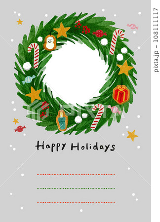 写真が入れられるクリスマスリースの縦型ポストカード ・たて型  写真立てカード 灰色 グレー 108111117