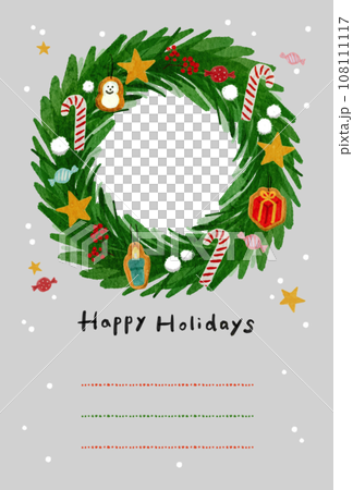 写真が入れられるクリスマスリースの縦型ポストカード ・たて型  写真立てカード 灰色 グレー 108111117