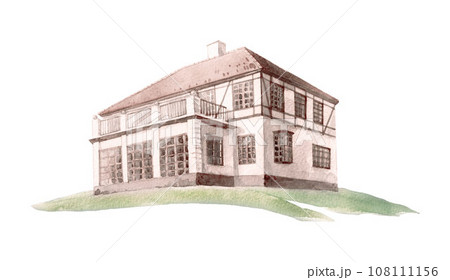 Beautiful stock watercolor illustration with old fashion vintage house 108111156