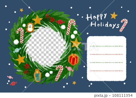 Christmas wreath postcard with photo in it, horizontal photo frame card, dark blue, navy 108111354