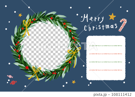 写真が入れられるクリスマスリースのポストカード ・ 横型 よこ型 写真立てカード 紺色 ネイビー 写真が入れられるクリスマスリースのポストカード ・ 横型 よこ型 写真立てカード 紺色 ネイビー 108111412