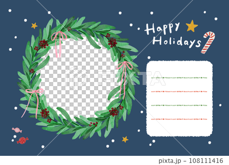 Christmas wreath postcard with photo in it, horizontal photo frame card, dark blue, navy 108111416