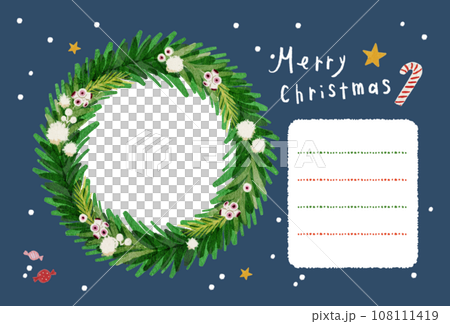 Christmas wreath postcard with photo in it, horizontal photo frame card, dark blue, navy 108111419