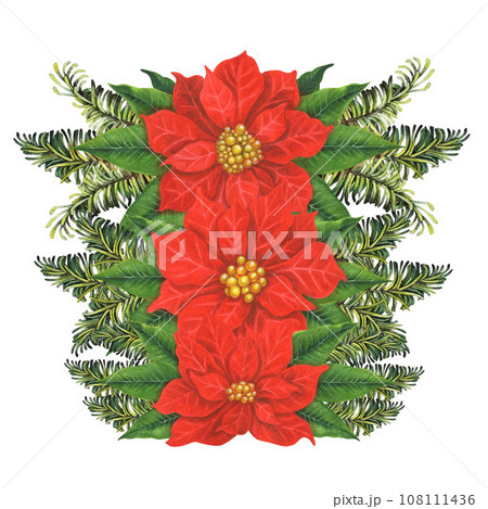 Watercolor Christmas composition with green fir branches, red poinsettia flower and candles Watercolor Christmas composition with green fir branches, red poinsettia flower and candles 108111436