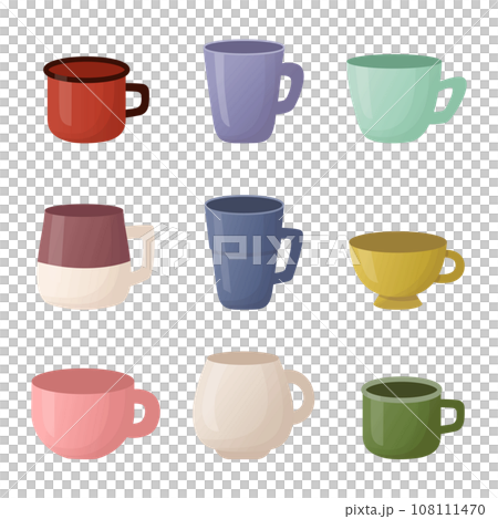 Set of colourful tea coffee mug and cup in flat style isolated on white. Vector illustration Set of colourful tea coffee mug and cup in flat style isolated on white. Vector illustration 108111470